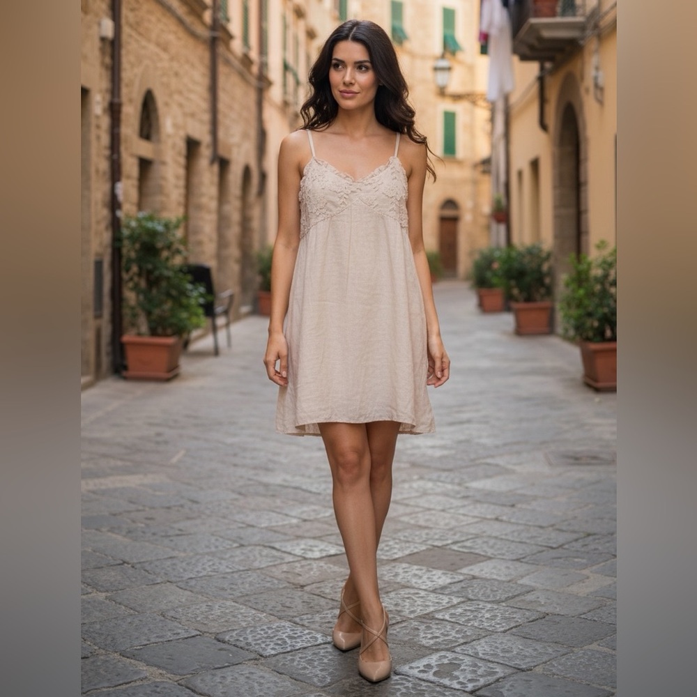 Valentina Naldi - Linen Spaghetti Strap Lace Embellished Mini Dress
